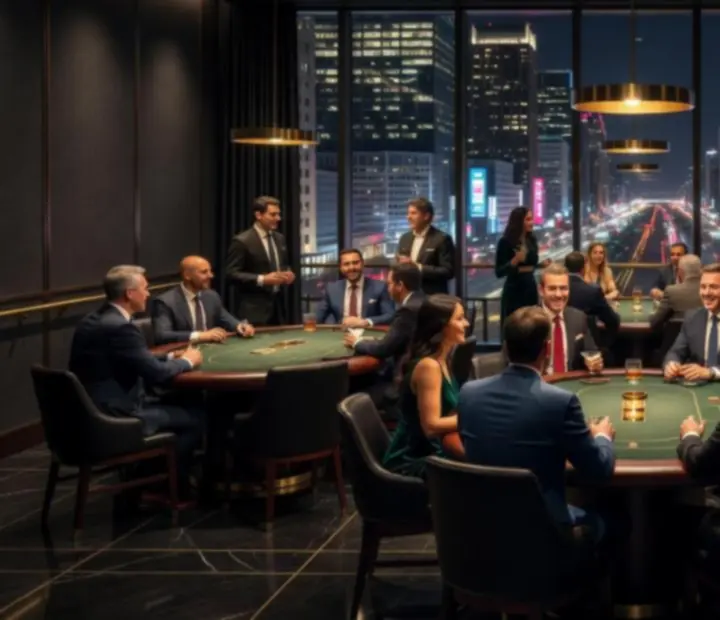 Pokerový event v luxusním městském klubu s večerním výhledem na město