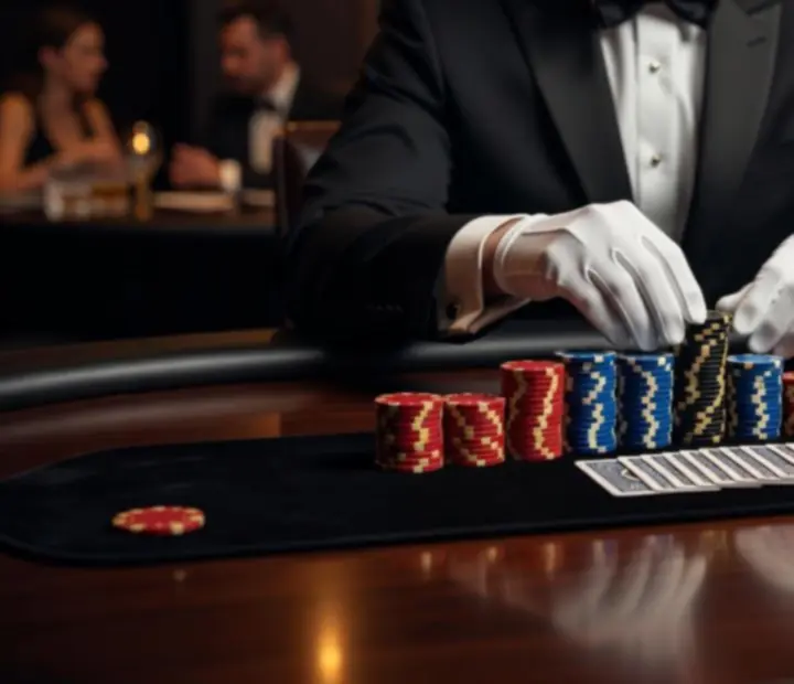Profesionální dealer u elegantního pokerového stolu připraveného na večírek