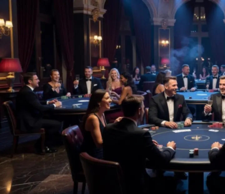 Luxusní pokerový večírek s elegantními stoly a hosty