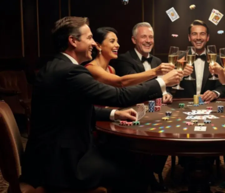 Hosté oslavují u pokerového stolu a smějí se