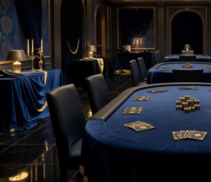 Luxusně nasvícený eventový sál s pokerovými stoly a elegantní výzdobou