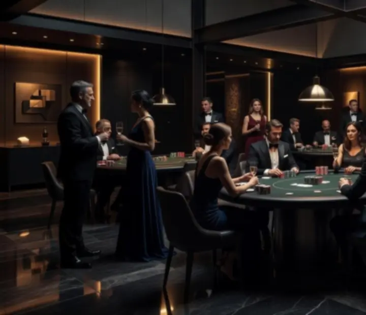 Luxusně nasvícený eventový sál připravený pro pokerový večer bez hazardu