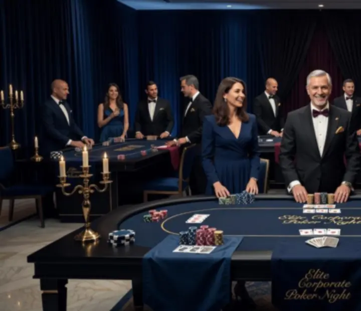 Firemní poker night s osvětlenými stoly a týmem kolem krupiéra