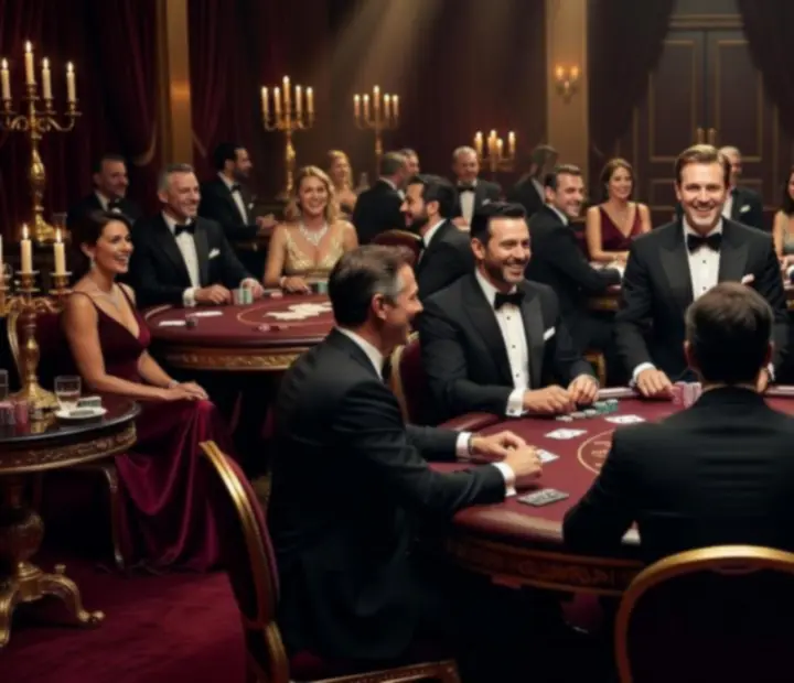 Luxusní pokerový večírek s osvětlenými poker stoly a hosty v elegantních outfitech