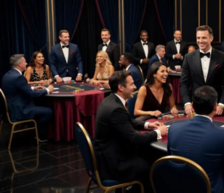 Luxusní pokerový večírek s osvětlenými stoly a hosty v elegantním oblečení