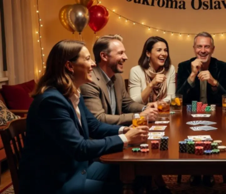 Soukromá pokerová oslava s hosty u stylově nasvíceného stolu